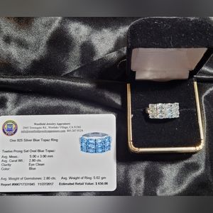 Silver ring with 2.8 ct blue topaz gems.